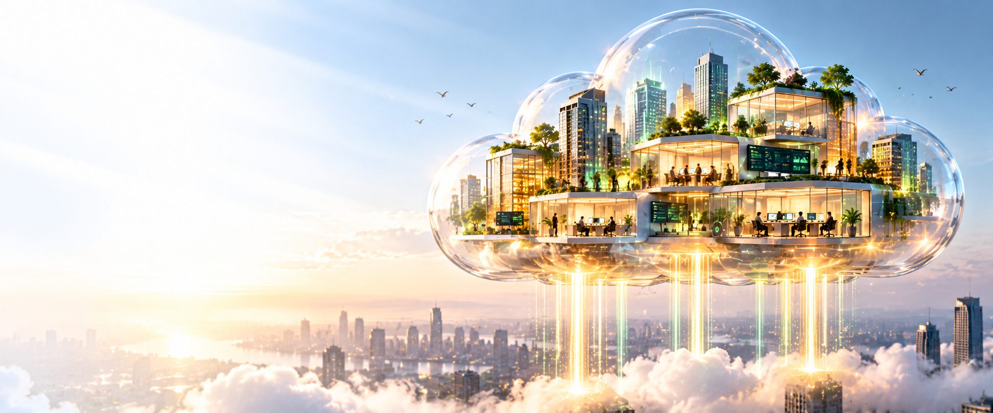 Glass cloud holding offices and buildings, floating above a city