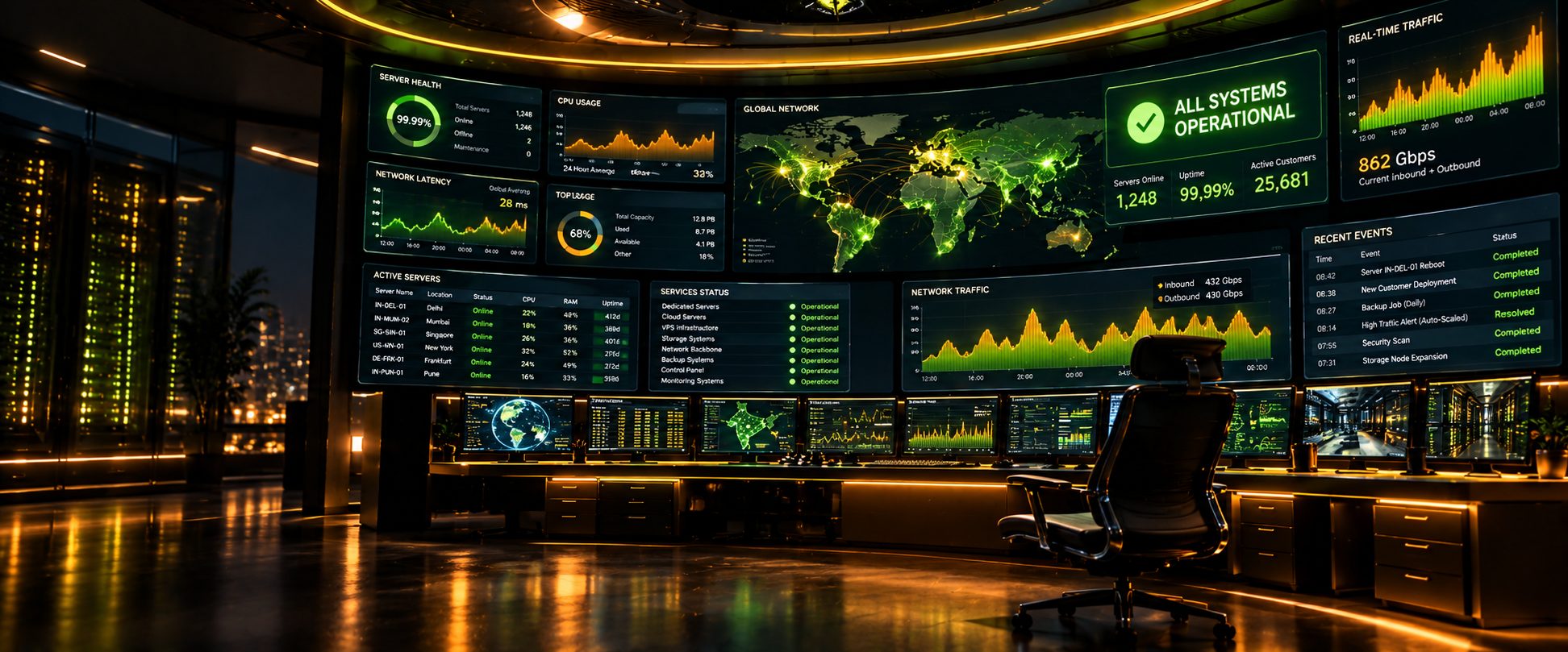 Server operations room with large monitoring screens