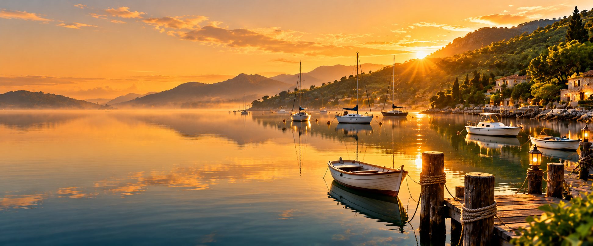 Calm harbour with moored boats at sunrise