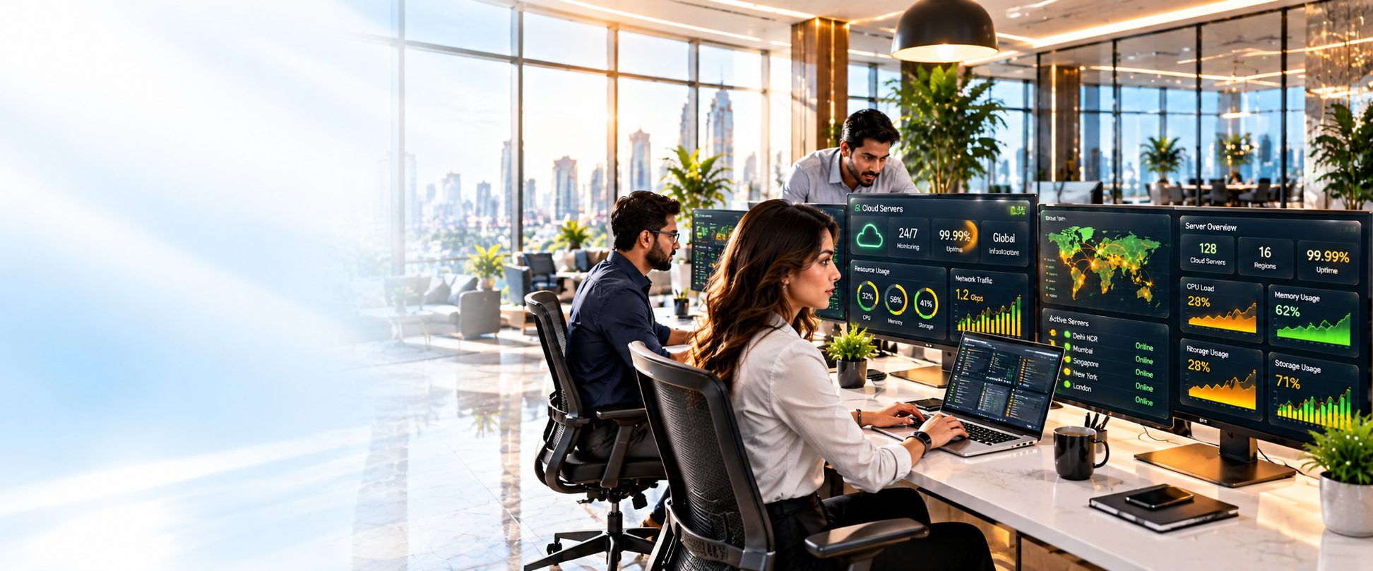 Engineers working at desks with server monitoring screens